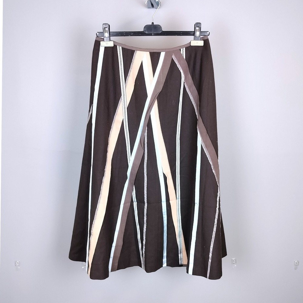 Planet‎ 100% Wool Geometric Striped A-Line Midi Flowy Skirt Size 8 Brown Tan